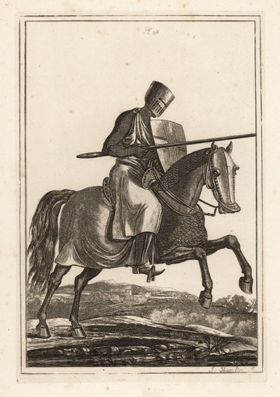 Caballero cargando del siglo XII y XIII con cota de malla, casco plano, lanza, escudo de calentador, armadura de espinilla jambesons, silla de guerra de Unbekannt