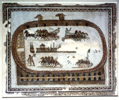 Carrera de carros en la arena, mosaico romano, siglo II de Unbekannt