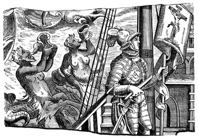 Cristóbal Colón durante su viaje a América, grabado, c1500 de Unbekannt