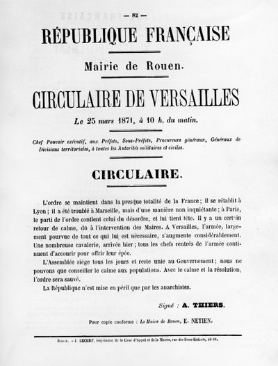 Circular de Versalles, de carteles políticos franceses de la Comuna de París, mayo 1871 de Unbekannt