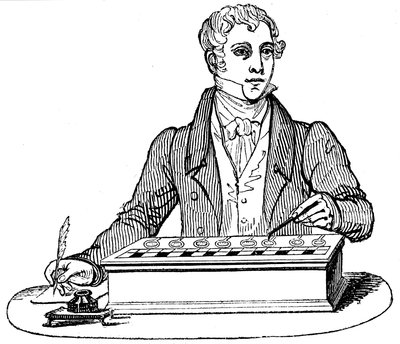 Empleado usando una máquina sumadora de Pascal, 1835 de Unbekannt