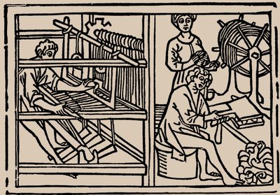 Peinado, hilado y tejido de lana. Del Speculum Vitae Humanae de Rodericus Zamorensis, 1479 de Unbekannt