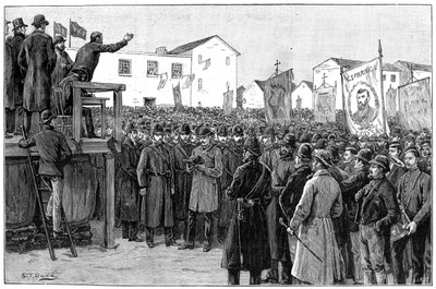 Constabularios protegiendo a un reportero del gobierno en una reunión del plan de campaña, Irlanda, 1887 de Unbekannt