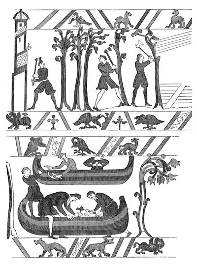 Construcción de los barcos para Guillermo I, Tapiz de Bayeux, c. 1070s, 1870 de Unbekannt