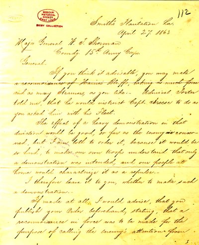 Copia contemporánea de carta de U. S. Grant, Plantación de Smith, Louisiana, al General W. T. Sherman, 27 de abril de 1863 de Unbekannt