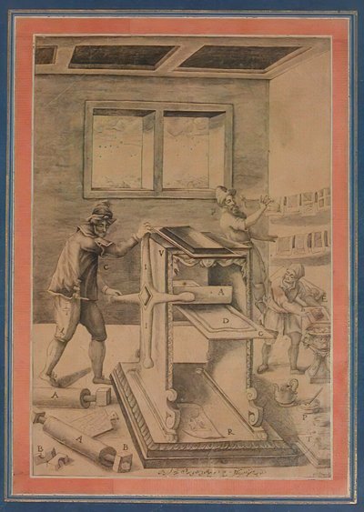 Impresores de placas de cobre en el trabajo, folio del Álbum Davis, Irán, fechado A.H. 1199/A.D. 1784-85 de Unbekannt