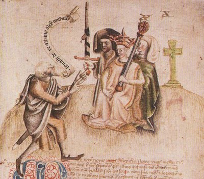 Coronación del Rey Alejandro III en Moot Hill, Scone. Del manuscrito del Scotichronicon por Walte de Unbekannt