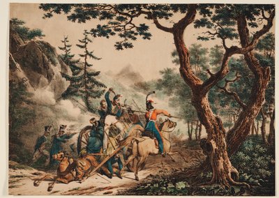 Cosacos atacando a soldados franceses en un bosque, 1825 de Unbekannt
