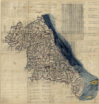  Cubre la provincia de Kangwŏn, tanto en Corea del Sur como en Corea del Norte. Relieve mostrado pictóricamente. Pluma y tinta y acuarela. Texto en el reverso sin relación con el mapa. Regalo de Andrew Saylor, 1992. Disponible también en el sitio web de la de Unbekannt