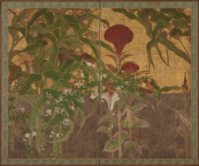 Gallos, maíz y glorias de la mañana, período Momoyama, siglo XVII de Unbekannt