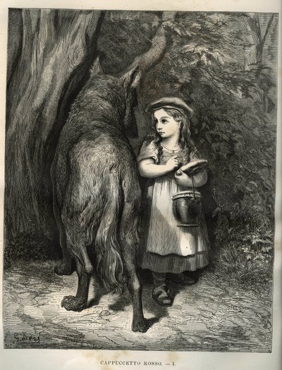 Cruzando el bosque, Caperucita Roja se encuentra con el lobo. Grabado de Gustave Doré (1832-1883) de Les contes de Charles Perrault (1628-1703) de Unbekannt