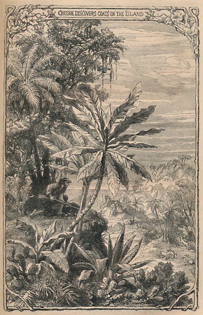 Crusoe descubre cabras en la isla, c1870 de Unbekannt