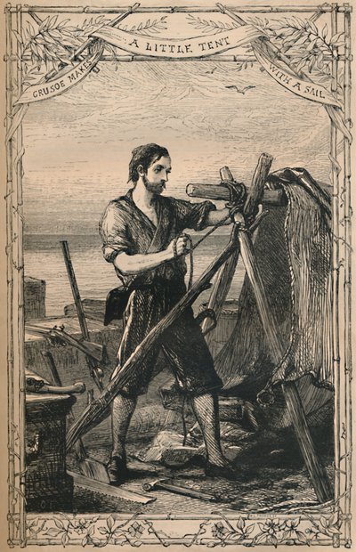 Crusoe hace una pequeña tienda con una vela, c1870 de Unbekannt