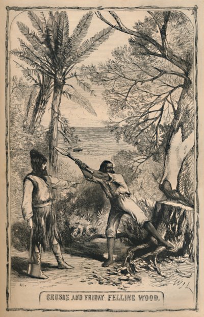 Crusoe y Viernes talando madera, c1870 de Unbekannt