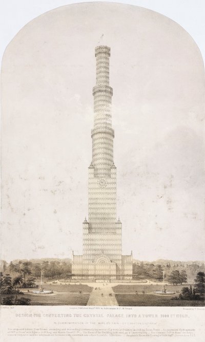 Palacio de Cristal, post-Gran Exposición Diseño para convertir el Palacio de Cristal en una torre de 1000 pies de altura de Unbekannt
