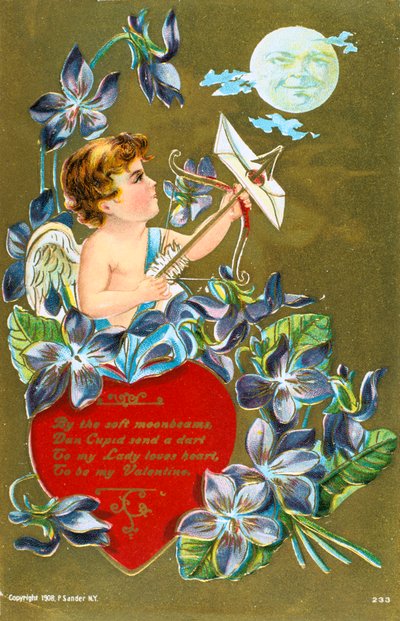 Cupido disparando una flecha con una carta de amor, tarjeta de San Valentín americana, 1908 de Unbekannt