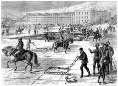 Corte y almacenamiento de hielo en el río Hudson, Nueva York, EE.UU., 1875 de Unbekannt