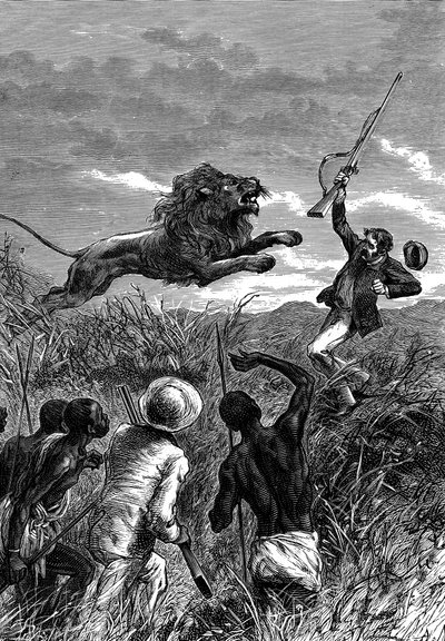 David Livingstone, misionero escocés y explorador africano, siendo atacado por un león, c1860 de Unbekannt