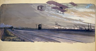 Inicio de la aviación: Louis Paulhan (1884-1963) pasando sobre una vía de tren a bordo de su avión biplano durante la carrera en línea recta de 300 km Londres/Manchester los días 27 y 28 de abril de 1910 de Unbekannt