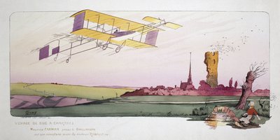 Inicio de la aviación: Maurice Farman (1878-1964) en su avión biplano equipado con un motor Renault durante la carrera "Viaje de Bac a Chartres", hacia 1910 de Unbekannt