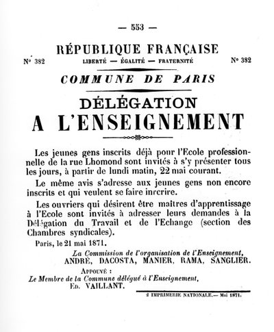Delegación a la Enseñanza, de los carteles políticos franceses de la Comuna de París, mayo 1871 de Unbekannt