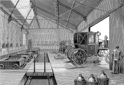 Depósito donde se equipaban los taxis eléctricos de París con baterías recién cargadas, 1899 de Unbekannt