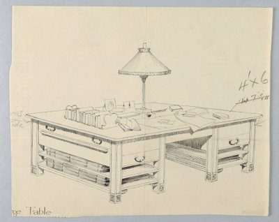 Diseño para mesa de almacenamiento masivo de biblioteca con dos estantes abiertos a cada lado, 1900-05 de Unbekannt