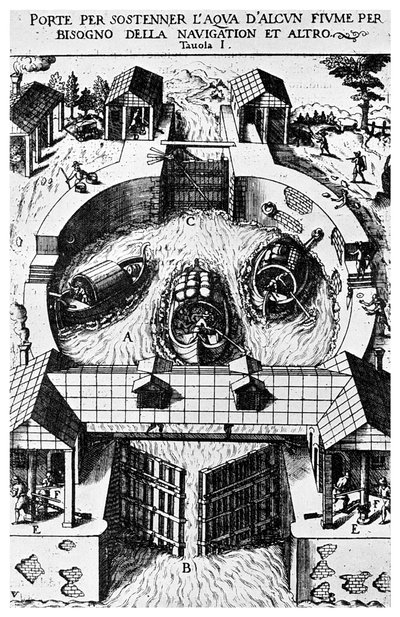 Diseño para compuertas de canal articuladas por Leonardo da Vinci, siglo XV, 1956 de Unbekannt