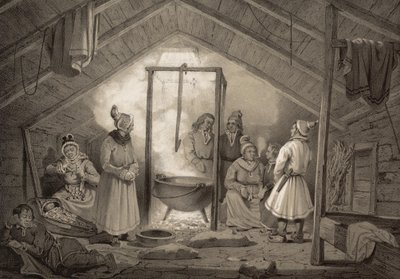 El interior de una cabaña campesina en Finmarken. Ilustración del libro Norge fremstillet i Tegninger de Asbjørnsen, P.Chr. y publicado por Chr. Tønsberg (no, 1848) de Unbekannt