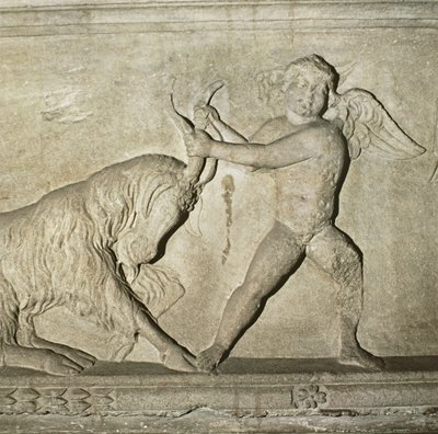 (detalle) de un sarcófago griego de Lidia, que representa a un putto luchando con una cabra de Unbekannt