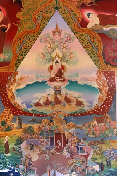 Detalle de una pintura mural en el Uposatha (sala del santuario) del templo Buddhapadipa de Unbekannt