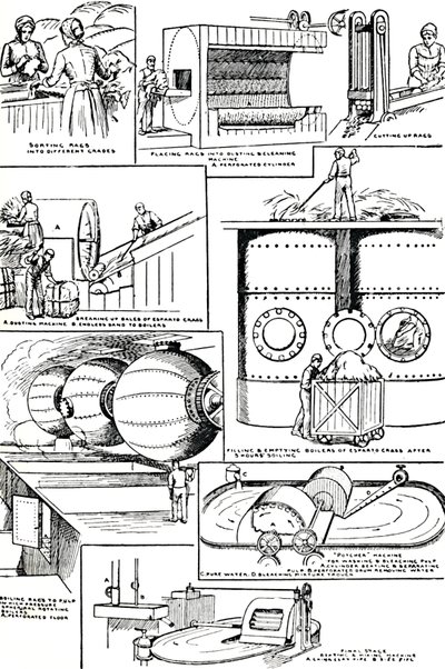 Diagramas que ilustran la preparación de trapos y esparto para la fabricación de papel, c1917 de Unbekannt