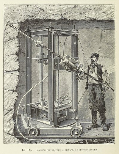 Máquina de Perforación de Diamante diseñada por Georges Leschot, pub. 1883 grabado, 1883 de Unbekannt