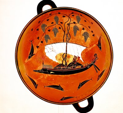 Dionisio en un barco rodeado de delfines, plato griego antiguo Krater, 530 a.C. de Unbekannt