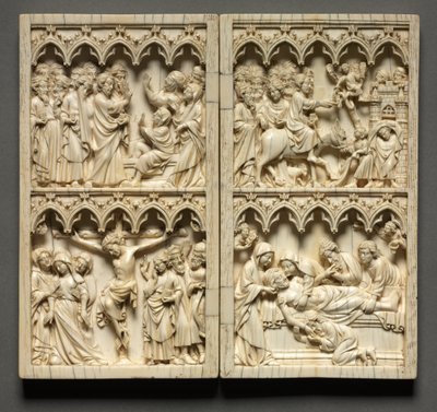 Díptico con escenas de la vida de Cristo ala izquierda: Resurrección de Lázaro y Crucifixión, c. 135 de Unbekannt