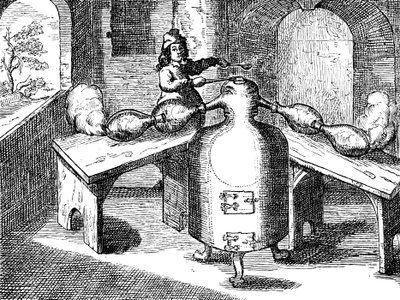 Destilación de ácido nítrico Aqua fortis o ácido de separación en un hombre de hierro con dos narices, 1689 de Unbekannt