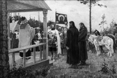 Dmitri Donskoi llamando a Sergei Radonezhsky, pintura de M. Avilov de Unbekannt