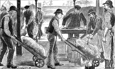 Estibadores descargando azúcar en los muelles de las Indias Occidentales, Londres, 1889 de Unbekannt