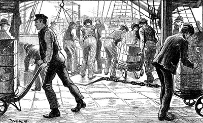 Estibadores descargando té en los muelles de Londres, 1889 de Unbekannt