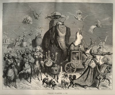 Piel de asno: el carruaje y el cortejo nupcial. Grabado de Gustave Doré (1832-1883) del libro Los cuentos, de Charles Perrault (1628-1703) de Unbekannt