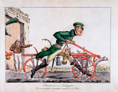 Draisienne o velocípedo mostrado reemplazando caballos en el servicio postal francés, 1818 de Unbekannt