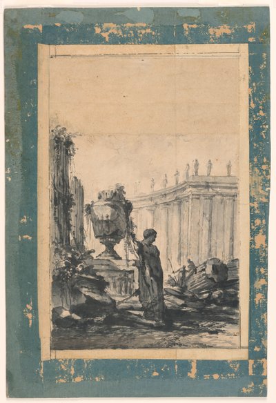 Dibujo, Fantasía Arquitectónica con Jarrón, Herma y Columnata, mediados del siglo XVIII de Unbekannt
