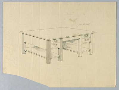 Dibujo, Diseño para Mesa de Biblioteca Masiva con Patas Cuadradas Estriadas y Estantes Abiertos de Unbekannt