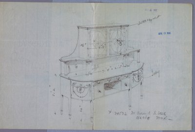 Dibujo, diseño para aparador con gabinete de puerta de vidrio arriba de Unbekannt