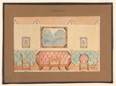 Dibujo, diseño para una sala de estar con sofá, dos sillas y mesa de Unbekannt