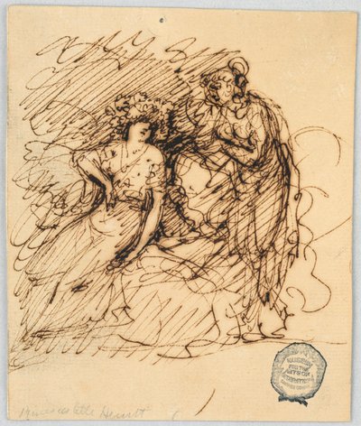 Dibujo, Boceto figurativo con una niña sentada conversando con una niña de pie de Unbekannt