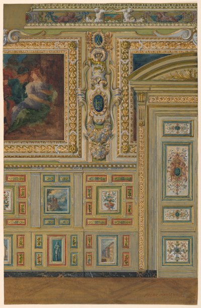 Dibujo, Sección de una pared mostrando grupos de paneles pintados, Cámara Oval, Salón Luis XIV, Palacio de Fontainebleau, Francia de Unbekannt