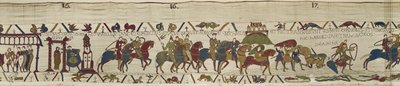 El Duque Guillermo lidera su ejército a Bretaña donde Harold rescata valientemente a los soldados de las arenas movedizas, Tapiz de Bayeux de Unbekannt