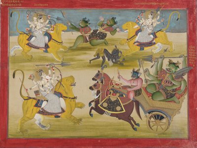 Durga luchando contra los rakshashas Shunga y Nishunga, de un Devi Mahatmya, mediados del siglo XIX de Unbekannt