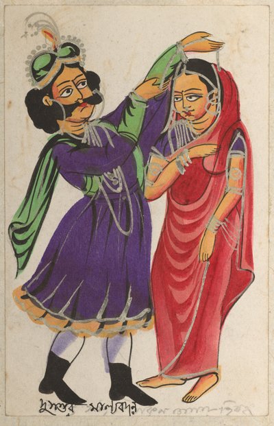 Dusmanta colocando una guirnalda a Shakumtala, 1800s de Unbekannt